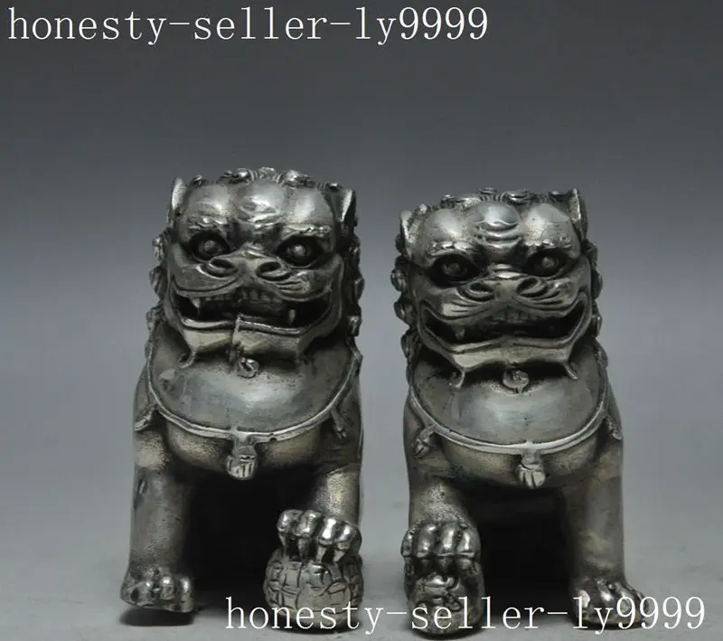 

chinese fengshui lucky silver evil spirits Exorcism Foo fu dog lion statue pair