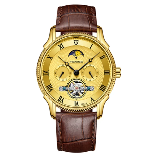 Tevise Waterproof Mechanical Watch Leather Strap Automatic Watches Men Luxury Brand Sport Tourbillon Mens Wrist Watches - Цвет: Gold Gold