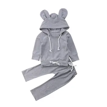 

Baby Boy Girl Clothes Gray Solid Hoodie Tops Long Pants