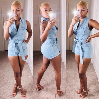 

Women Short JUMPSUIT JEANS Denim Romper Belt Tie Bandage Lace Up Single Breasted Button Playsuit Sleeveless Streetwear plus size