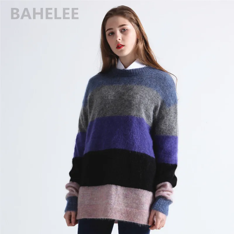 

BAHTLEE Autumn winter women's mohair pullovers wool sweater long sleeves O-neck looser style keep warm multicolor