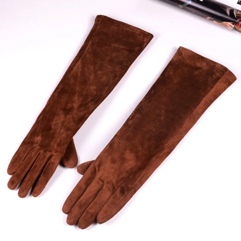 Зимние элегантные женские перчатки из натуральной кожи 40 см длинные перчатки высокого качества из свиной кожи мягкие варежки из замши женские - Цвет: 5