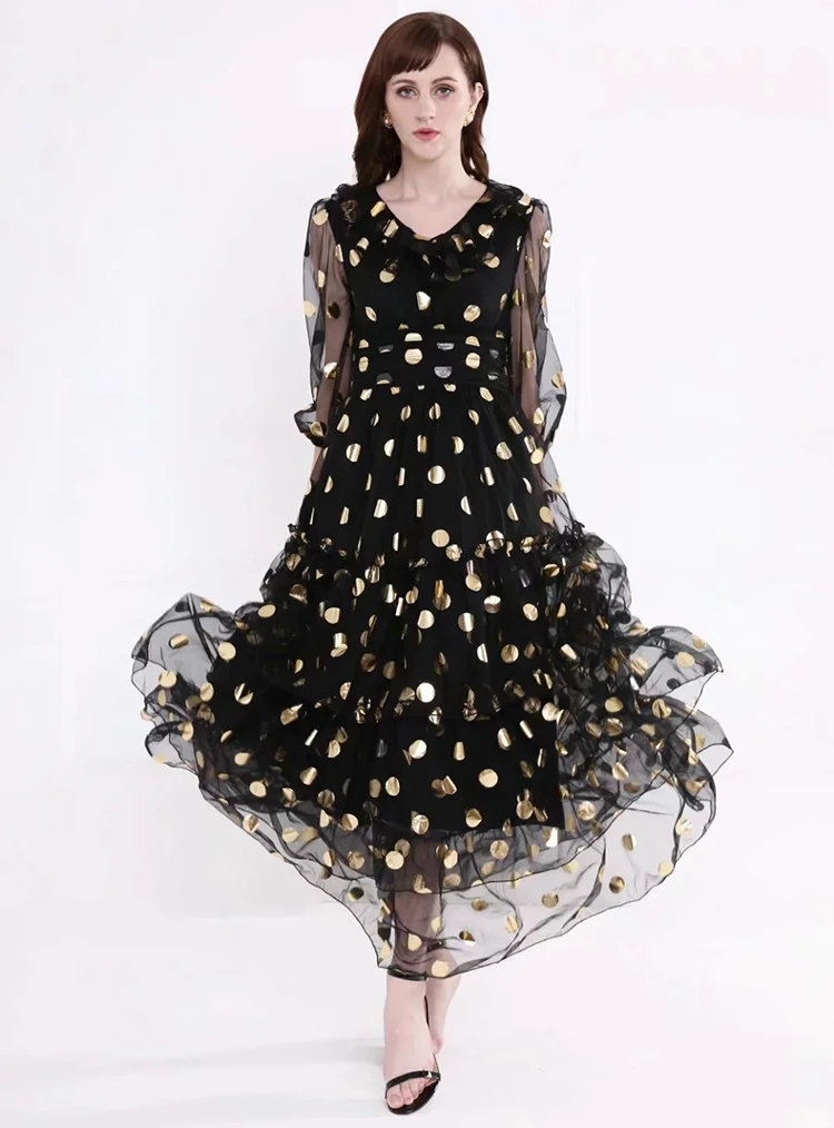 MoaaYina, модное дизайнерское подиумное платье, весна-лето, женское платье с v-образным вырезом в горошек, Сетчатое черное, элегантные вечерние платья с оборками