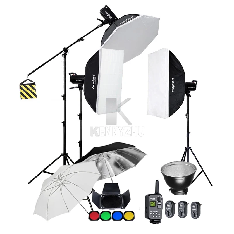 

Godox DP600 600Ws + 2x SK400 400Ws Studio Strobe Flash Light Lighting FT-16 Trigger Kit +70x100cm/120cm Softbox +Stand +Boom Arm