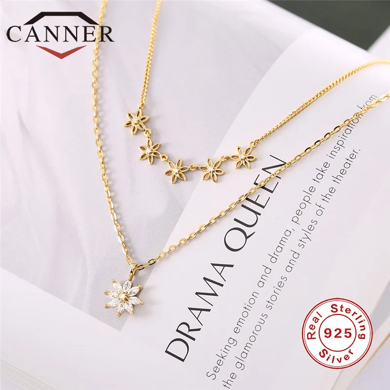 

CANNER S925 Sterling Silver Exquisite Temperament Double-layer Flower Pendant Necklace Zircon Choker TH
