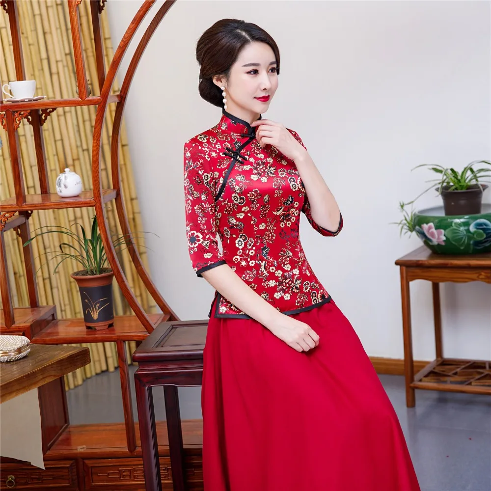 Шанхай история цветочный Cheongsam рубашка Qipao топ с рукавом 3/4 Китайский традиционный топ из искусственного шелка китайская блузка для женщин