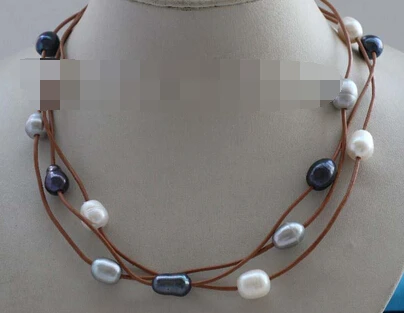 

0002889 3rows Genuine Natural White Black Gray Pearl Necklace