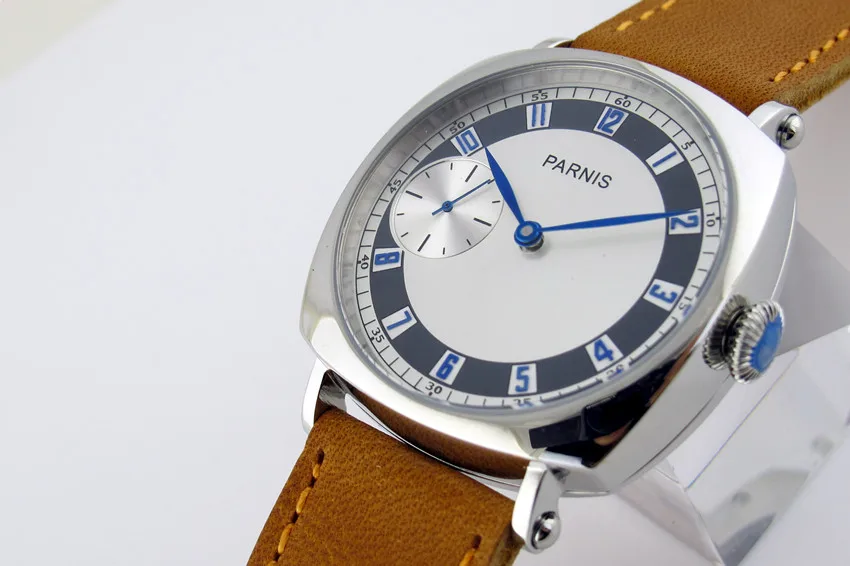 44mm Parnis 3600 Hand Winding White Dial watch Brown Strap Casual Wristwatch