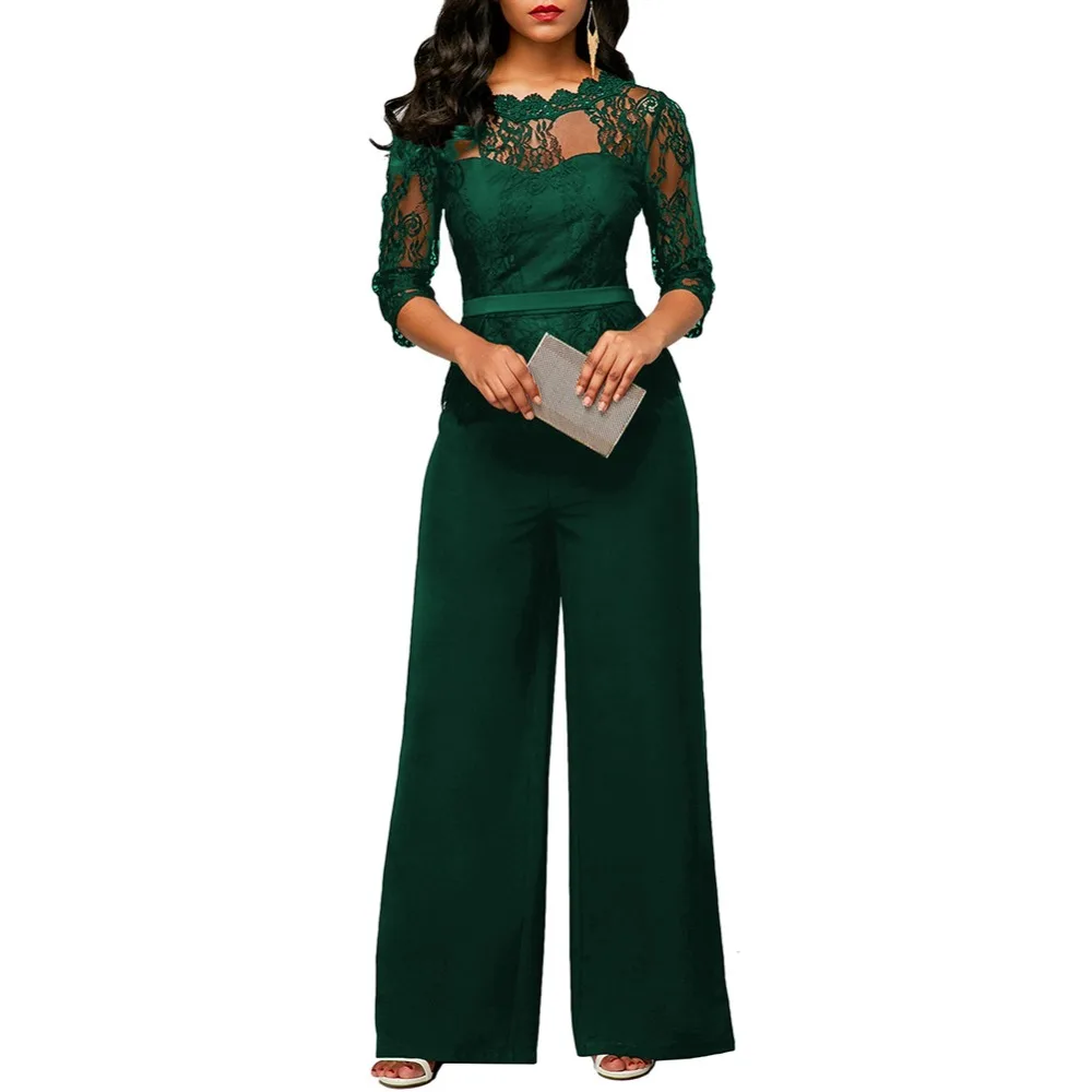 Lace Jumpsuit Women Rompers Autumn 2018 Elegant Ladies Office Work Wear overalls for Women Wide Leg Playsuit Tracksuit Long Pant