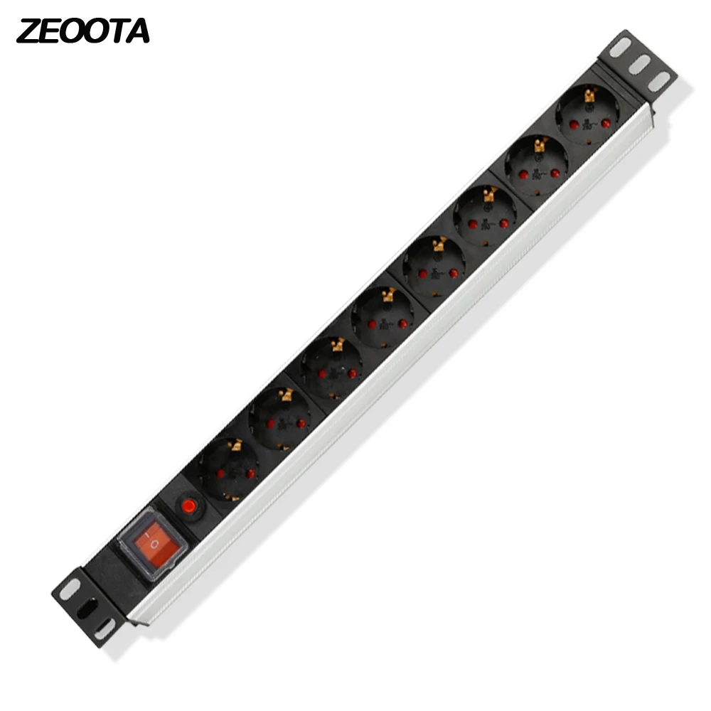 

PDU Power Strip Network Cabinet Rack Plug Socket 1U Aluminum Alloy 8 way EU Outlets Overload Protection Switch 2m Extension Cord
