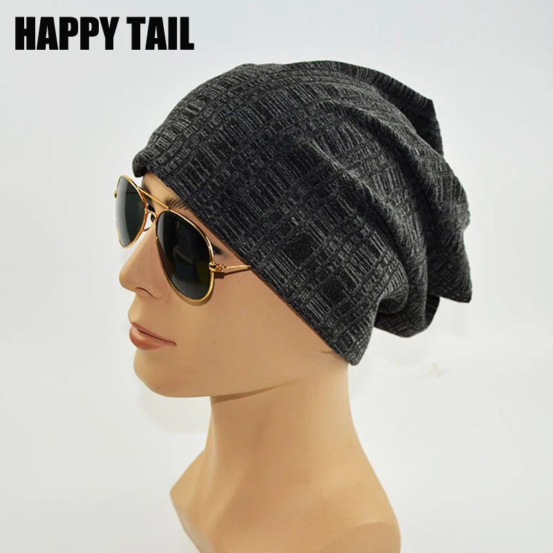 

HAPPYTAIL New Mens Slouch Beanie Solid Cotton Double Layers Spring Fall Winter Women Skullies Hip Hop Hats
