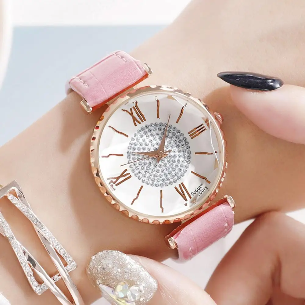 

Wrist Watches For Women Crystal Diamond Leather Pink Watch Ladies Dress Luxury Women Quartz Starry Sky Watch relogio feminino
