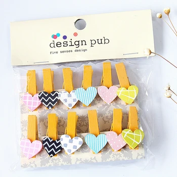 

1set (12pcs) cute heart decoration folder Wooden Clip Photo Paper Craft DIY Clips with 2m Hemp Rope office supplies