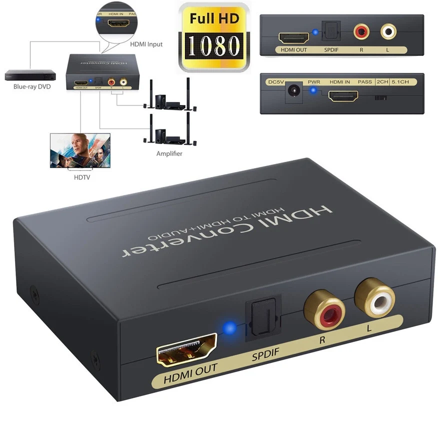 

1080P HDMI Audio Extractor HDMI to HDMI + Optical Toslink(SPDIF) + RCA(L/R) Stereo Analog Outputs Video Audio Splitter Converter