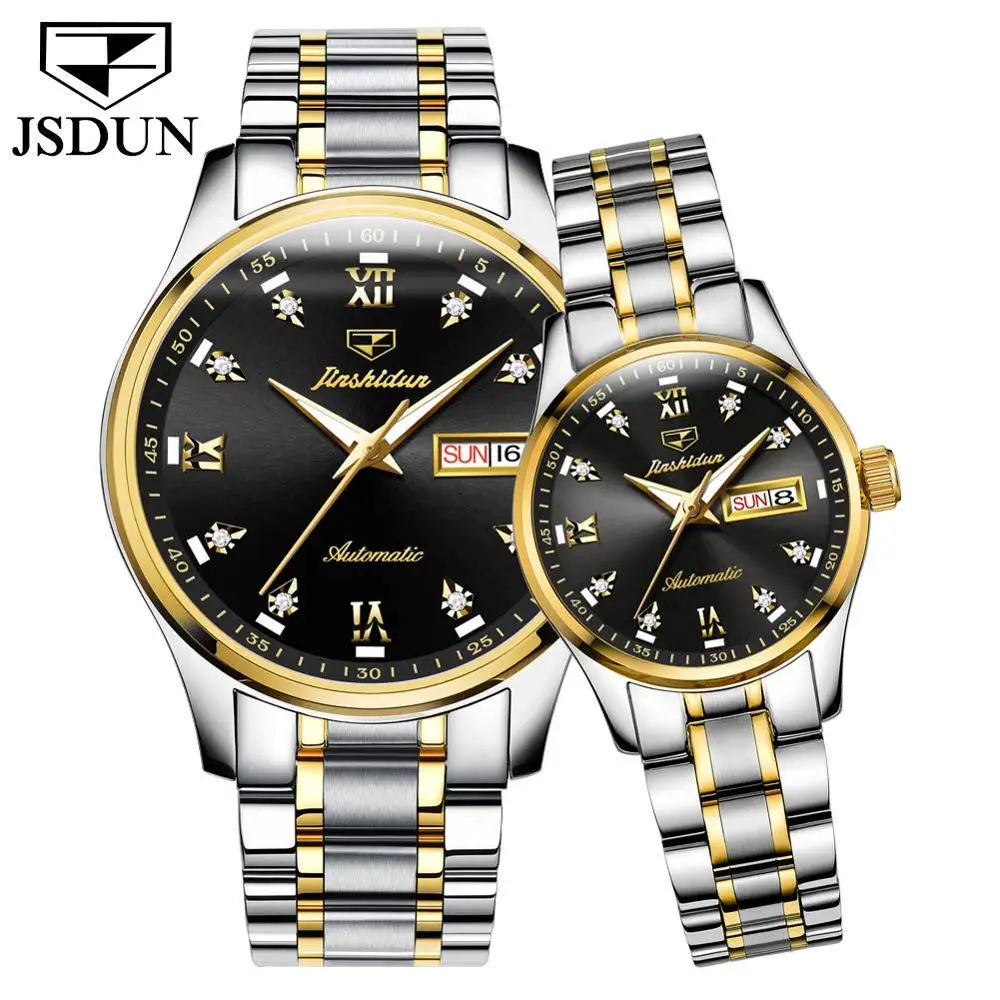 Женские часы, мужские часы JSDUN, роскошные парные часы для влюбленных, нержавеющая сталь, механик, автоматический механизм, водонепроницаемые, relogio - Цвет: Lovers all black