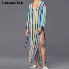 Colorful Striped Swimsuit cover up Beach Tunic Sarong Robe de Plage Beachwear kaftans long Beach Dress Womens Swim Wear#Z074