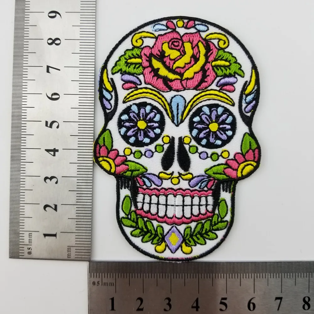 Sugar Skull Calavera Biker Embroidered Iron On Back of Jacket Patch Black twill fabric Free Shipping Eco-Friendly for clothes(2)