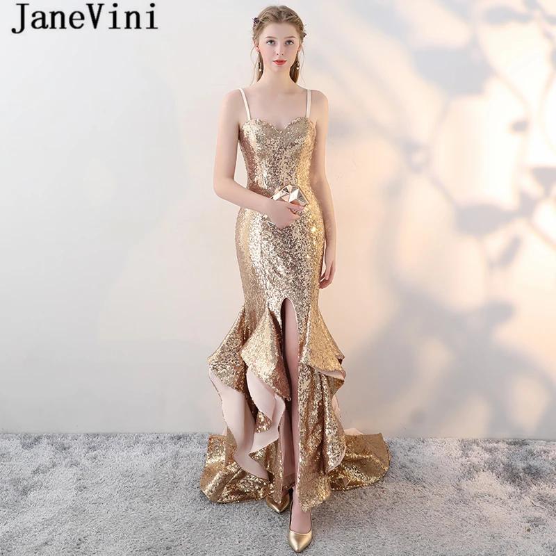JaneVini vestido dorado largo Gold Bridesmaid Dresses Sexy Mermaid Long Split Women Wedding Party Gowns Sequins Formal Dress