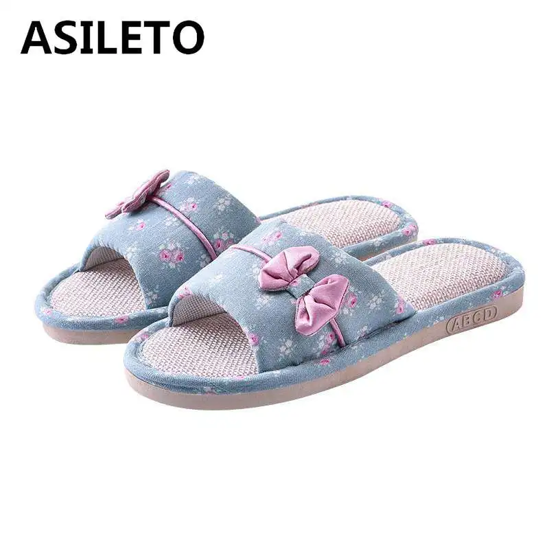

ASILETO New indoor non-slip linen slippers Female summer bow home slippers Household four seasons slippers Hemp Unisex Open toe