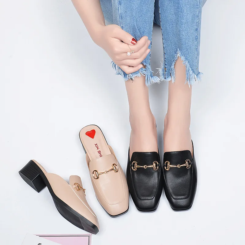 Summer Fashion Genuine Leather Mules Block Heels Shoes Woman Slipper Modis Black Casual Shoes Women Ladies Sliders Female