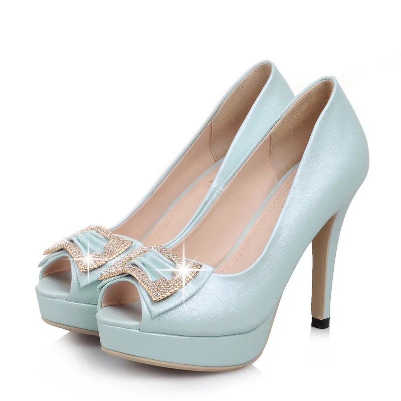 

Large Size Peep Toe Platforms Stiletto Rhinestone High Heeled Shoes Women Candy Color Pink/White Wedding Shoes Sexy Bride Shoes