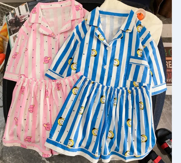 

New Pajama Sets Summer Fashion Harajuku Cartoon Sleepwear Sets Kpop Bangtan Boys Short Sleeve Cartoon Shirt Nighty Bedgown Set