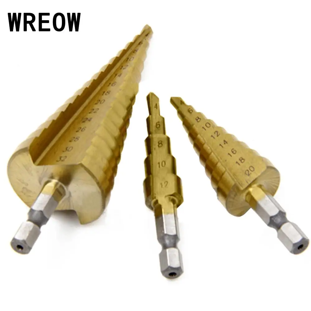 3pcs/lot Hss Step Drill Cone Hex Shank Pagoda Coated Drill Bit For