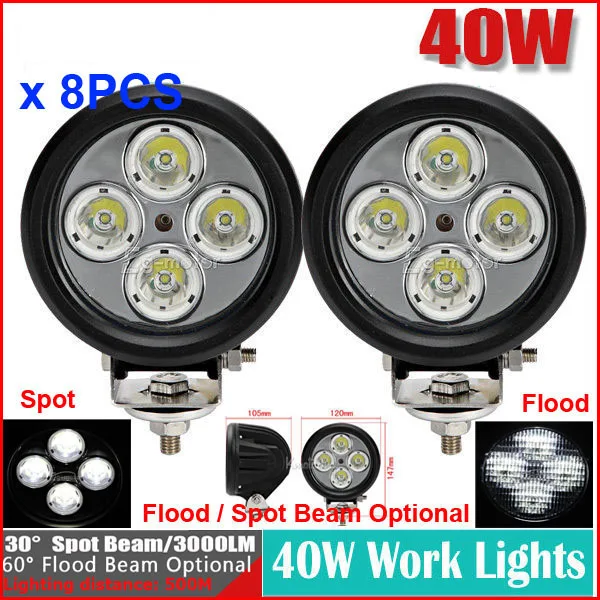 

8PCS 4.7" 40W CRE 4LED*10W Driving Work Light Offroad SUV ATV 4WD 4x4 Spot / Flood Beam 9-32V 4000lm Replace HID 800M Distance