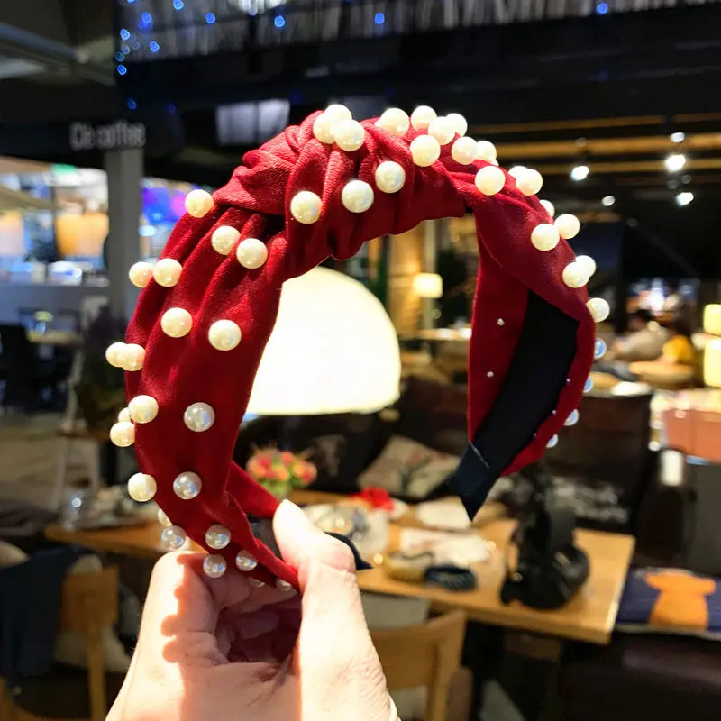 

Solid Color Satin Hairband New Imitation Pearls Women Hair Hoop Hairbands Girls Knotted Headband Hair Accessories