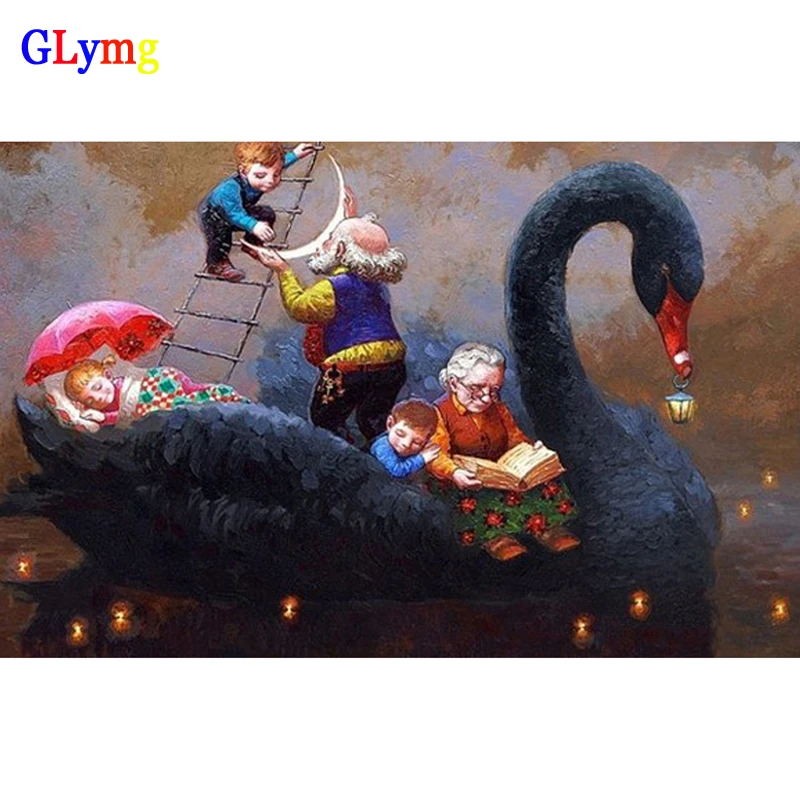 GLymg Diy Diamond Embroidery Painting Black Swan Yacht Diamond Embroidery Cross Stitch Full Square Cartoon characters Home Decor