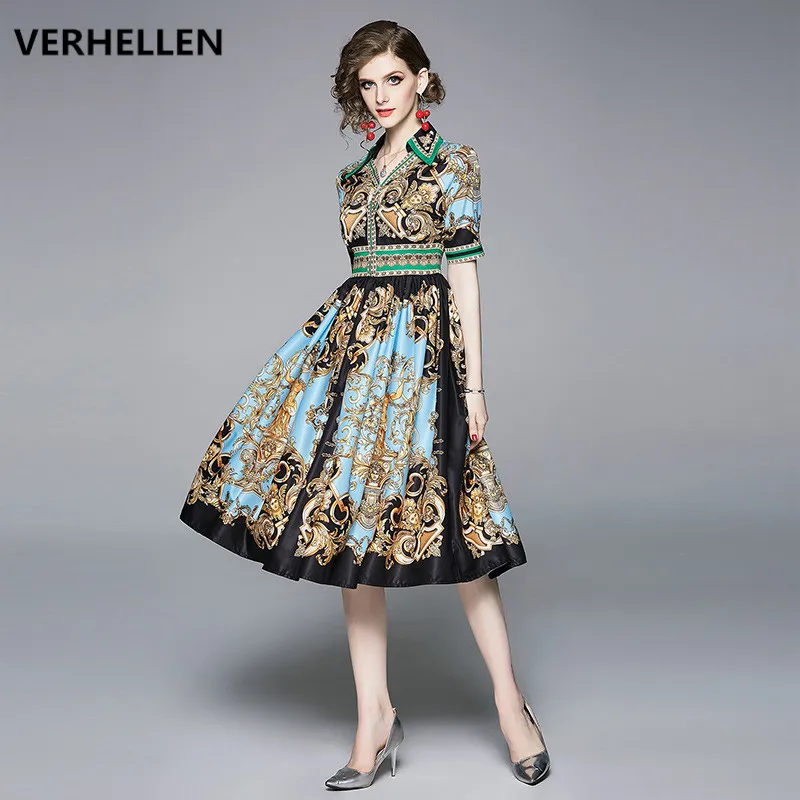 VERHELLEN High Quality Fashion Designer Runway Dress 2020 Summer Women Short Sleeve Retro Print Casual Dresses Female Ball Gown | Женская