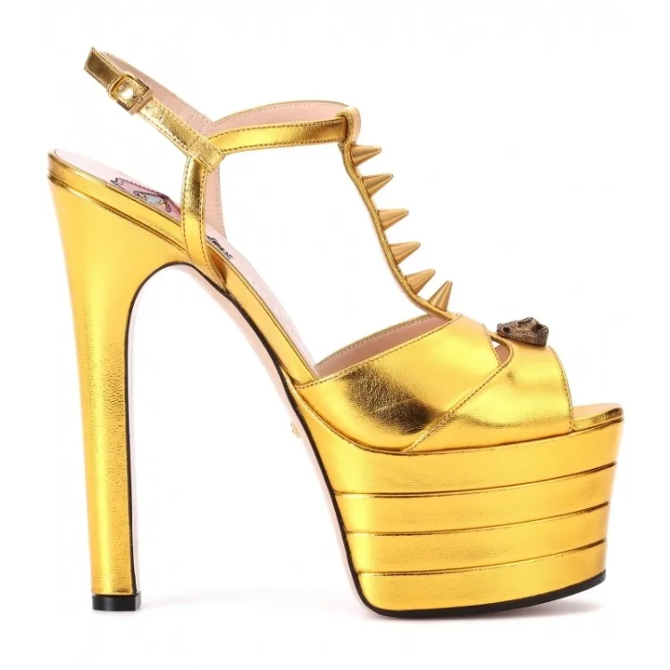 Подиумные босоножки из натуральной кожи с ремешком на лодыжке на высоком каблуке летние женские босоножки на платформе женская обувь на тонком каблуке с закрытым носком 34-43 - Цвет: golden peep toe
