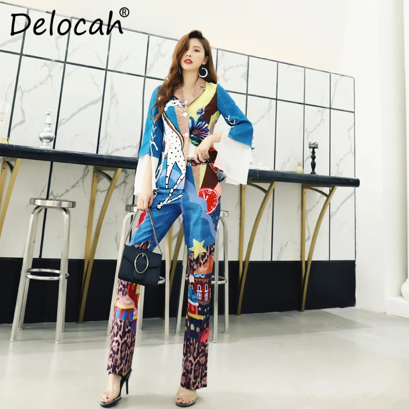 Delocah Spring Summer Women Set Runway Fashion Designer Flare Sleeve Vogue Printed Elegant Modern Casual Long Pants Ladys Suits