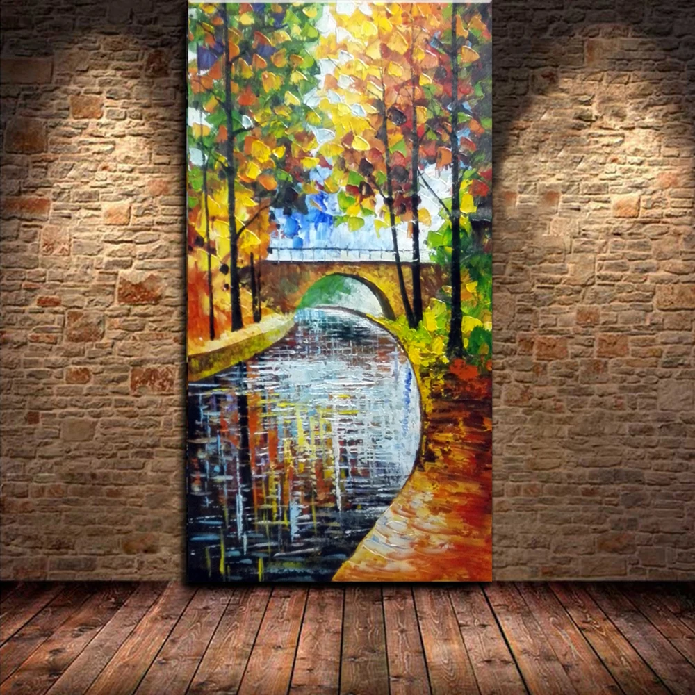 

100% Hand Painted Small Bridge Flowing Water Trees Knife Oil Painting On Canvas Wall Art Picture Painting Living Room Home Decor