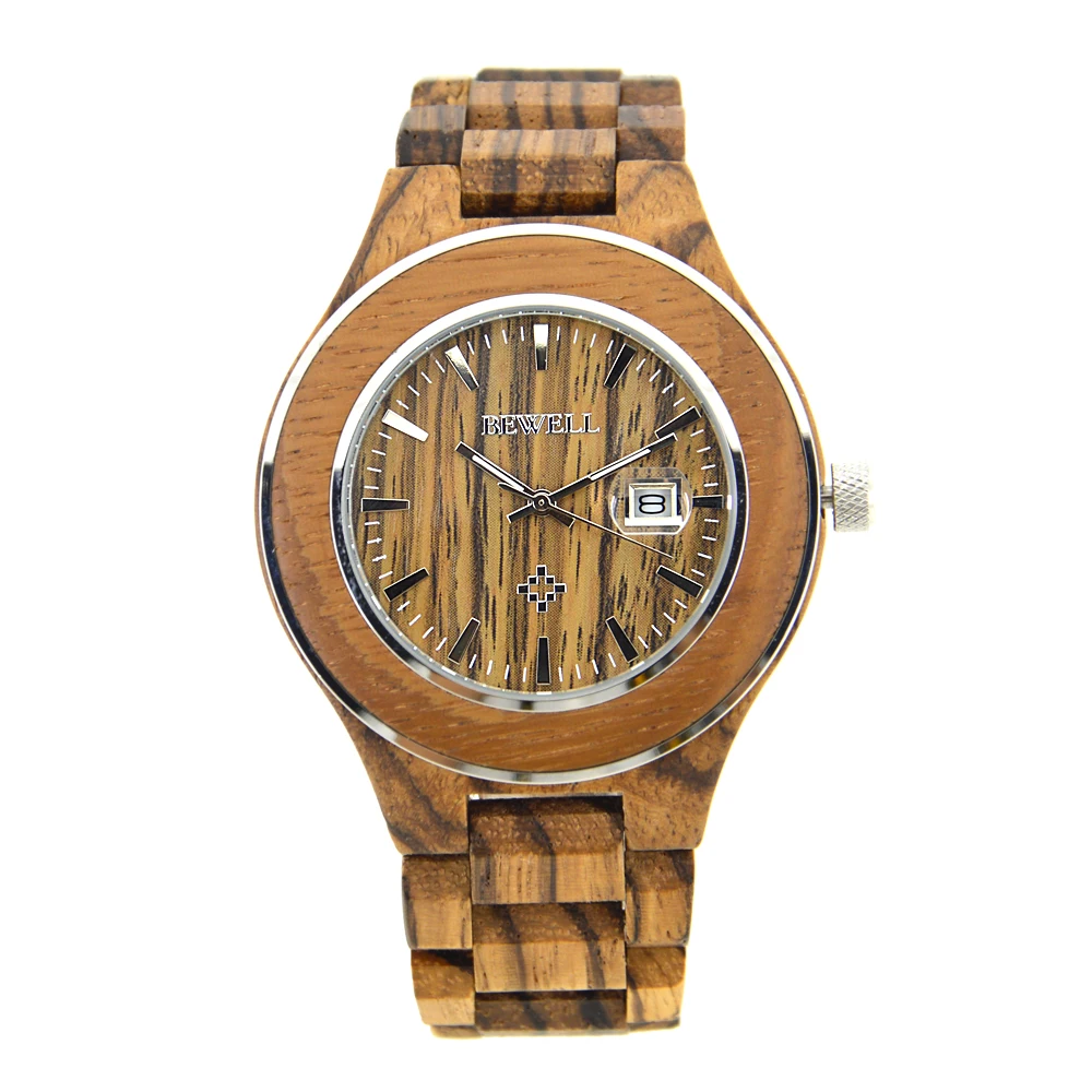 

BEWELL Wooden Watch for Men Quartz Wristwatch Big Face 30m Water Resistant 3H Date Analog Display Relogio Masculino 100AG
