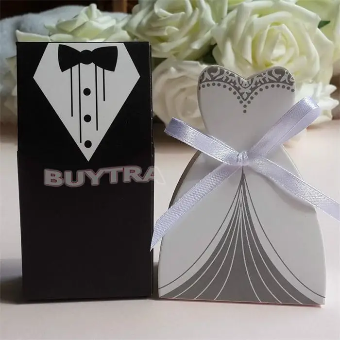 

100Pcs New Bridal Groom Candy Box Tuxedo Dress Gown Ribbon Wedding Favor Gift Sugar Cases Wedding Decor