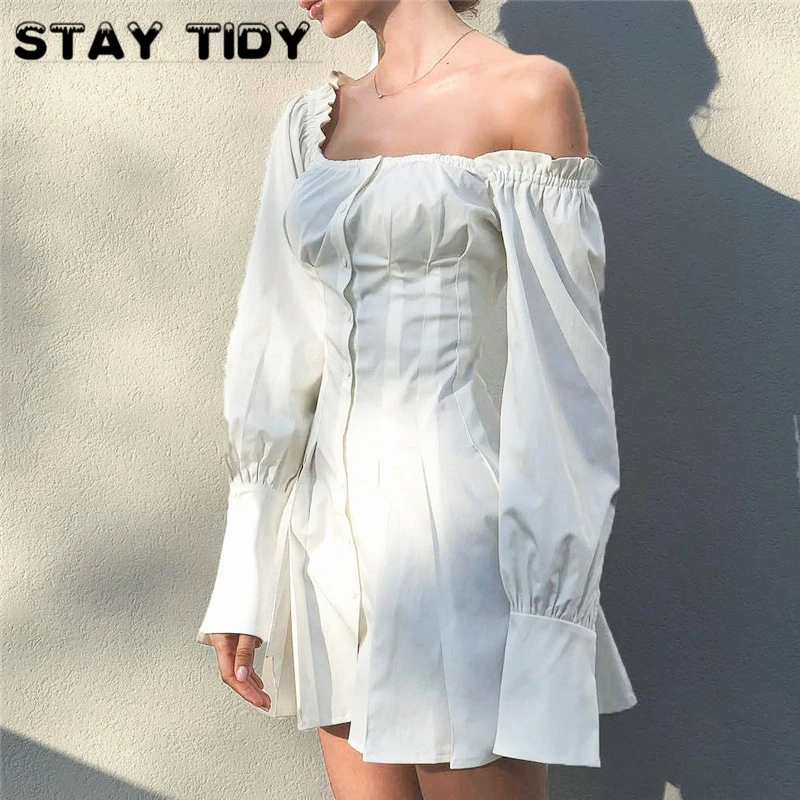 

STAY TIDY Sexy Off Shoulder Ruffles Loose Dress 2019 Autumn Women Lantern Long Sleeve Backless Bow Mini Dress White Streetwea