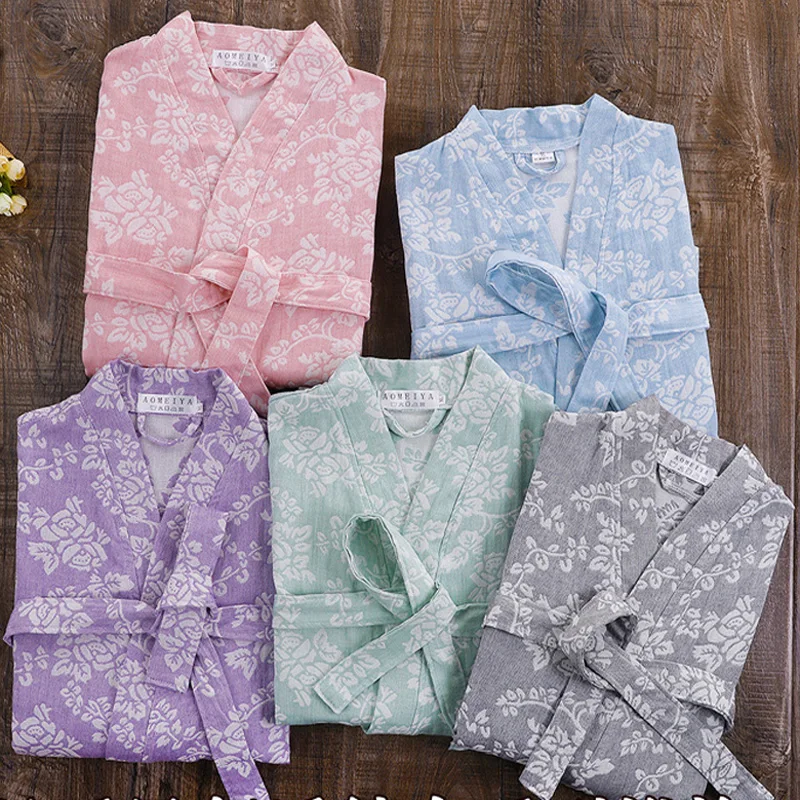New Spring Autumn 100% Cotton Nightgown Sexy Bath Robe Women's Sleepwear Double deck Gauze Sleepshirts Female Home Bathrobe