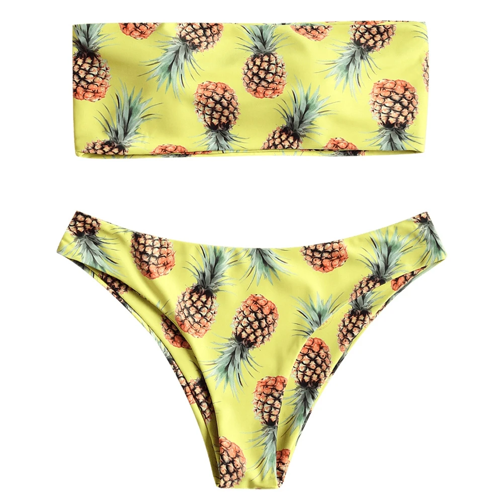 

Women Strapless Pineapple Print Bralette Bra Bikini Set Thong Swwimwear Women Swimsuit Sexy Low Waisted Bikini Bathing Suit