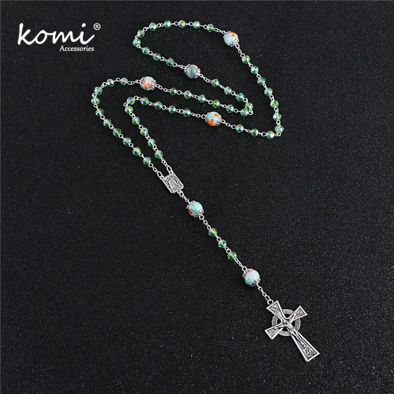 

KOMi Handmade Grass Stone Bead Cross Pendant Necklace Rasary Religious Catholic Necklace Jewelry Best Gift Wholesale R-148