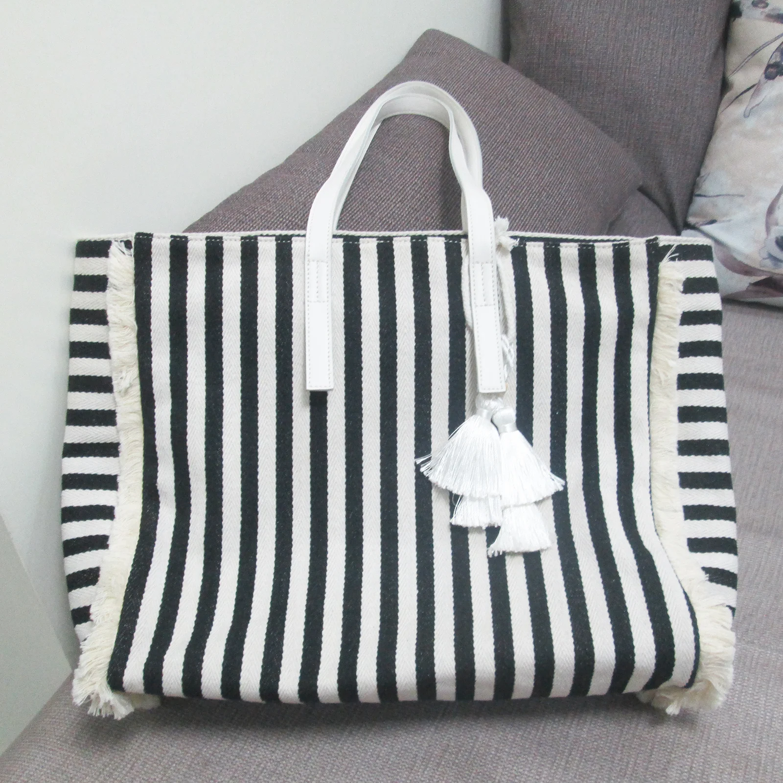 

Oversize Canvas Tote Bag Women Casual Big Capacity Fabric Top-handle Bag Female Striped Fringe Daily Handbag Shoping Bag Shopper