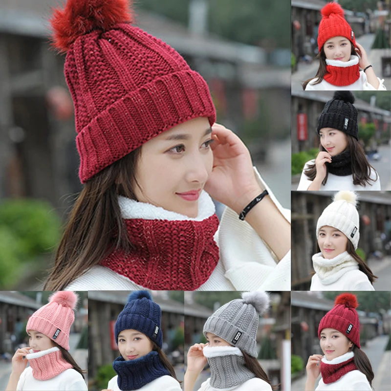 2Pcs Women Winter Scarf Hat Warm Set Solid Knitted Soft Cotton Bib Scarves