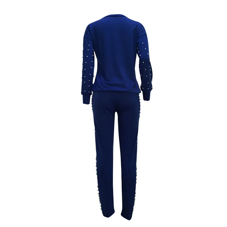 FENGGUILAI новые модные комплекты из 2 предметов синие Черные женские костюмы повседневные топы с жемчугом и круглым вырезом+ штаны комплект из двух предметов набор для бегунов