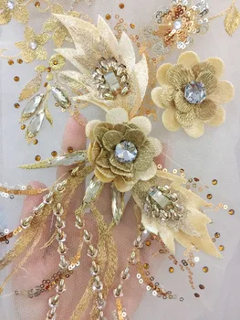 

2 pcs 3D Rhinestone Beaded Flower Lace Applique in Gold ,Pearl Bead Embroidered for Dance Costumes Bridal Gown Accessory