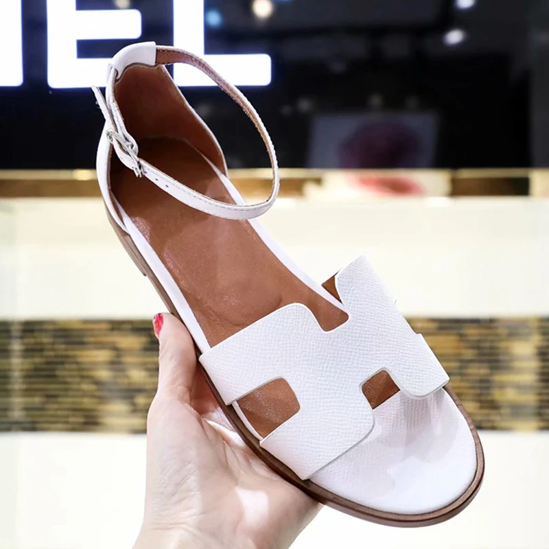 

19SS Colorful Leather Ankle Buckle Strap Summer Sandals H Shape Open Toe Soft Flats Cover Heel Shoes Casual Beach Woman Shoes