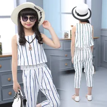 Детский комплект одежды для девочек, летняя одежда, костюм для девочек, повседневная одежда в полоску для детей 6, 8, 12 лет, Детский костюм для подростков