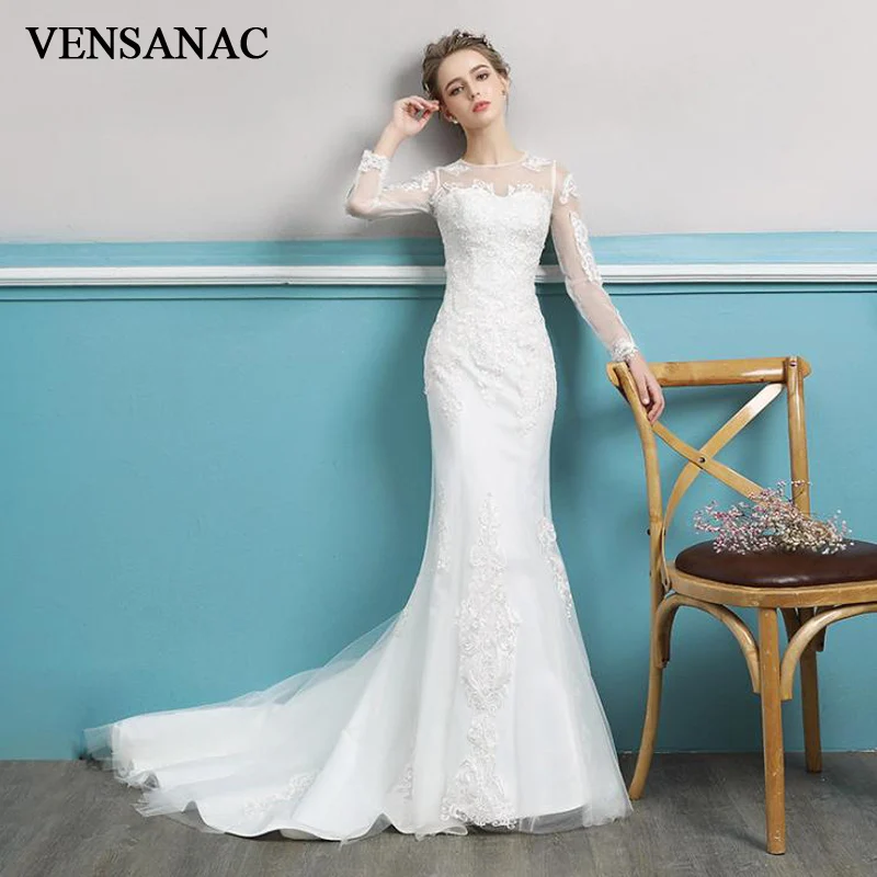 Фото VENSANAC 2018 кружева иллюзия аппликации с длинным рукавом Русалка свадебные платья плюс размер О-образный вырез развертки поезд Свадебные платья №1