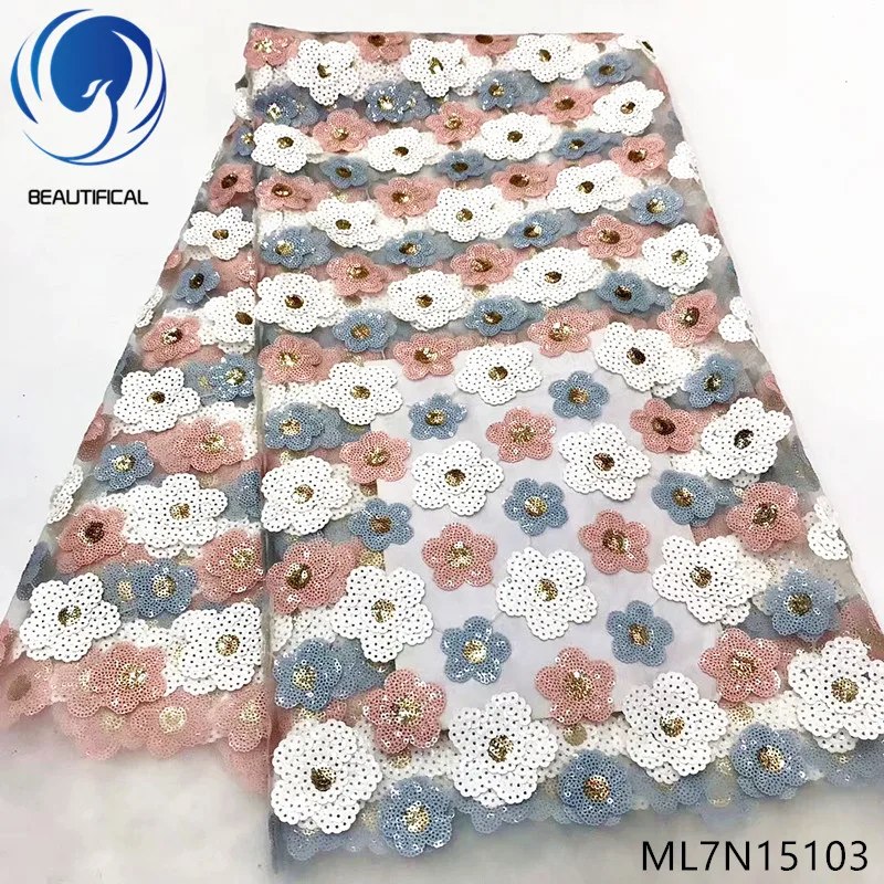 

Beautifical african lace fabrics Fashion nigerian net lace 5yards sequins emroidery flowers french lace fabric for dress ML7N151