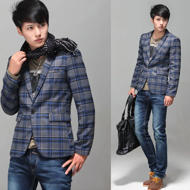 autumn new fashon men's blue plaid suit 
