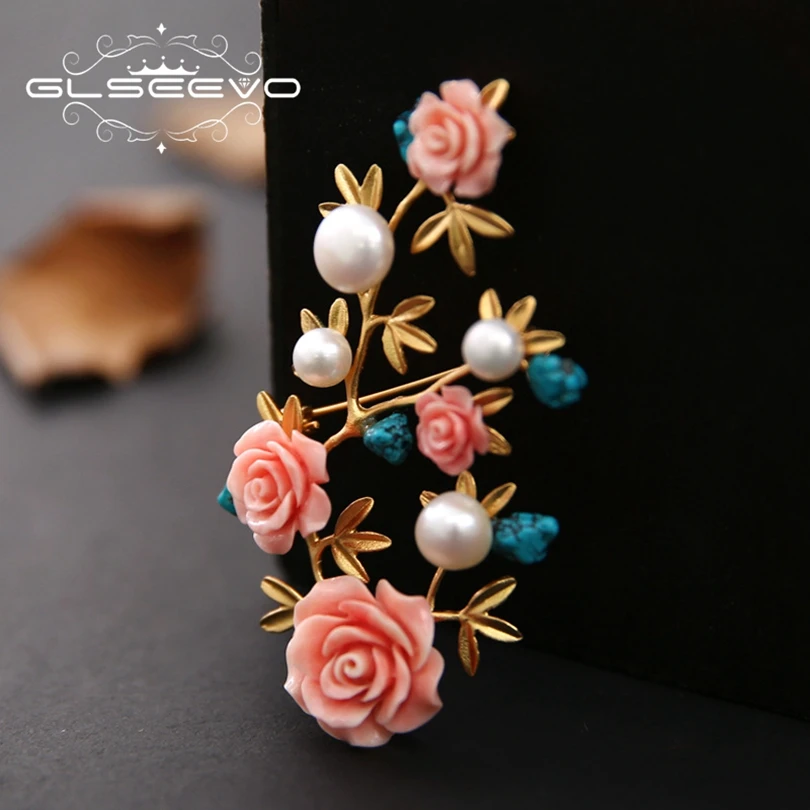

GLSEEVO Natural Fresh Water Pearl Brooch Pin Coral Flower Brooches For Women Birthday Gifts Dual Use Luxury Fine Jewelry GO0220
